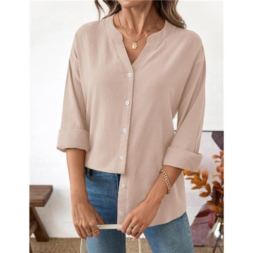 ✨ Women’s Cotton Linen Button-Down Shirt | V-Neck Long Sleeve Casual Blouse ✨